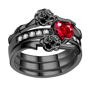 Women's Red Crystal Black Rose Flower Ring Set Wedding Jewelry