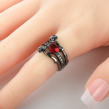 Women's Red Crystal Black Rose Flower Ring Set Wedding Jewelry