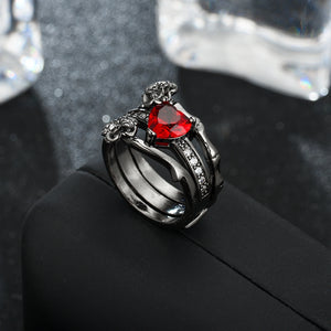 Women's Red Crystal Black Rose Flower Ring Set Wedding Jewelry