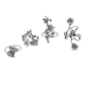 Antique Silver Color With Flower Rings Set 4pcs