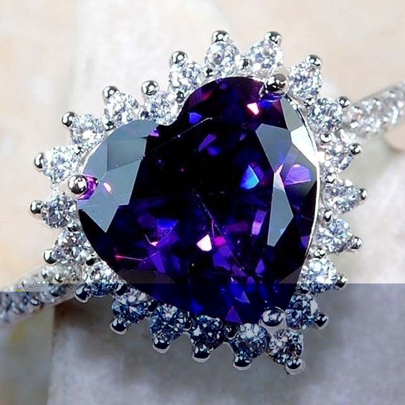 Exquisite Silver Natural Heart Amethyst Gemstone Bride Princess Engagement Ring