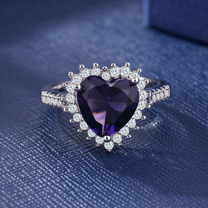 Exquisite Silver Natural Heart Amethyst Gemstone Bride Princess Engagement Ring