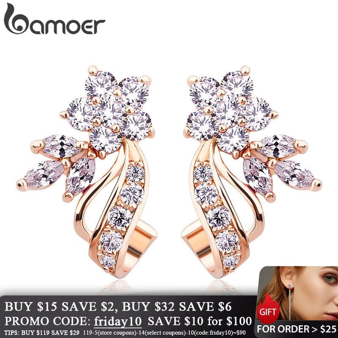 BAMOER Gold Color Stud Earrings with Flower Shape White/Multicolor AAA Zircon For Women Trend Jewelry JIE043